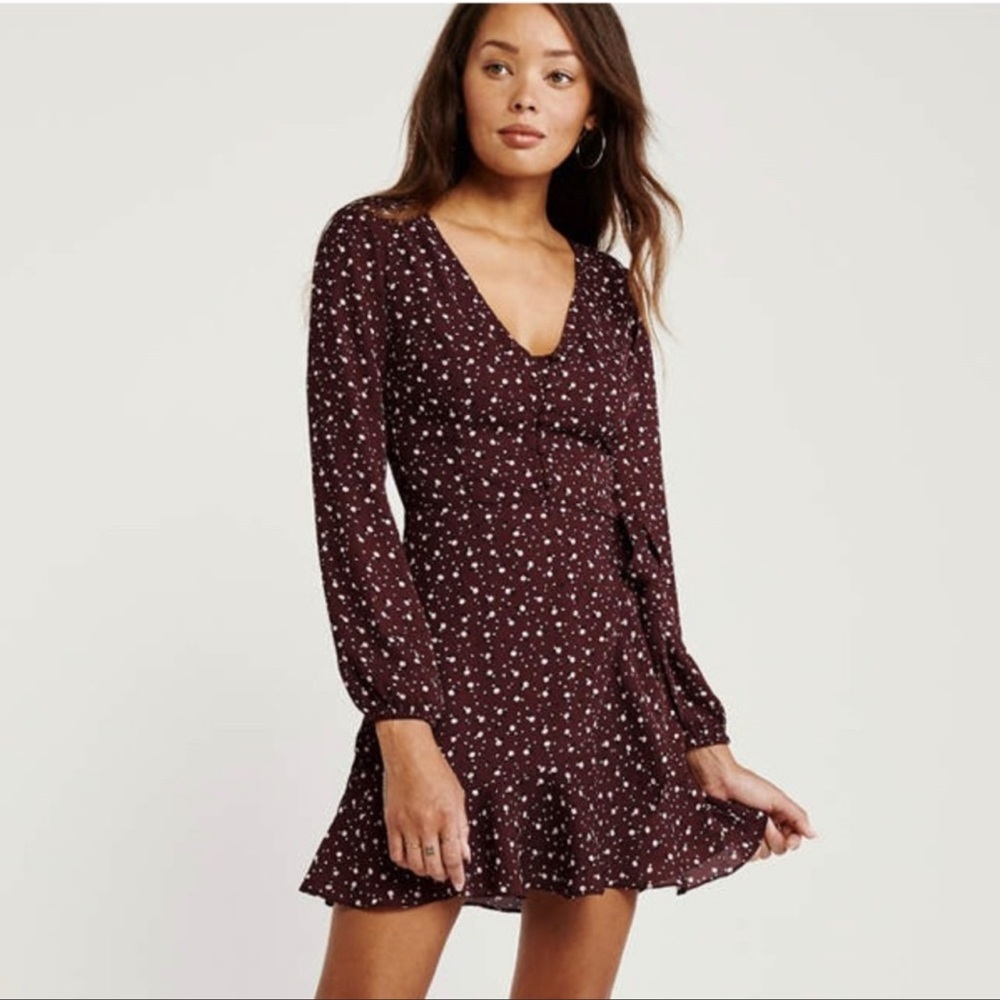 Abercrombie & Fitch Burgundy Floral Ruffle Hem Wrap Long Sleeve Mini Dress
